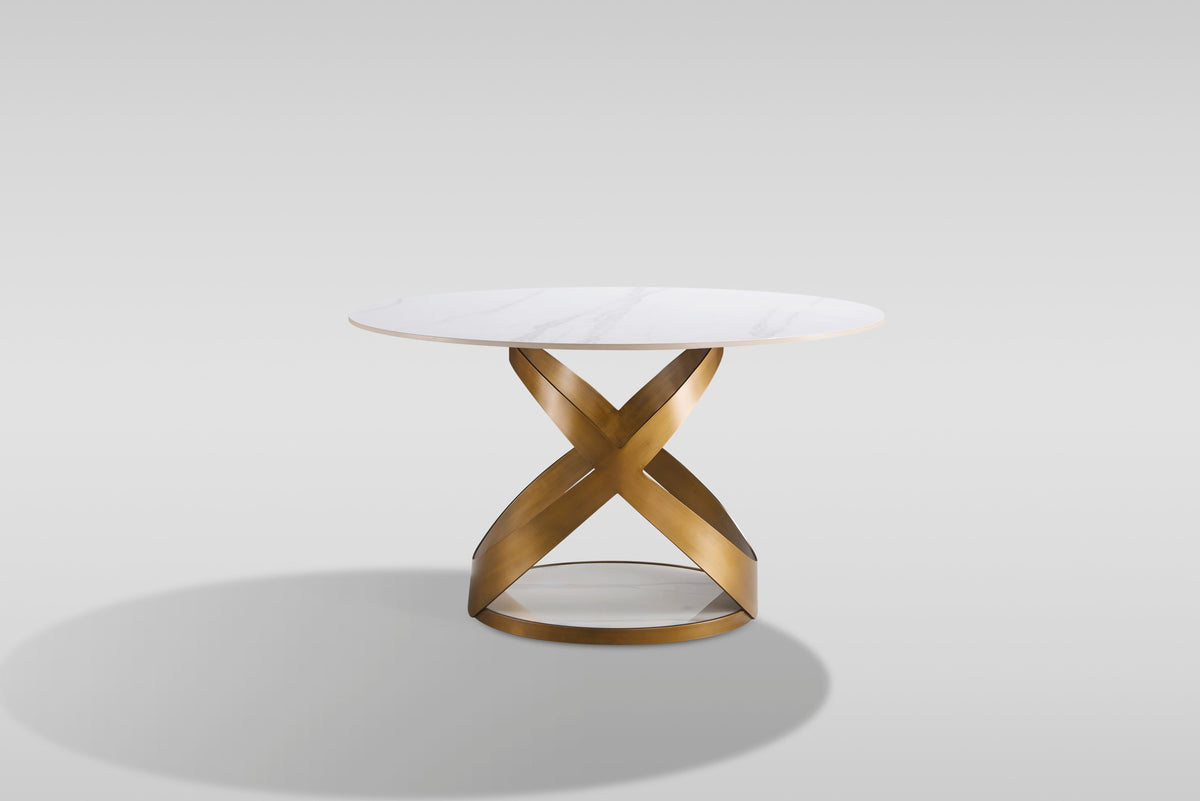 Dimi White Sintered Stone Dining Set — Bronze Base & Walnut Chairs