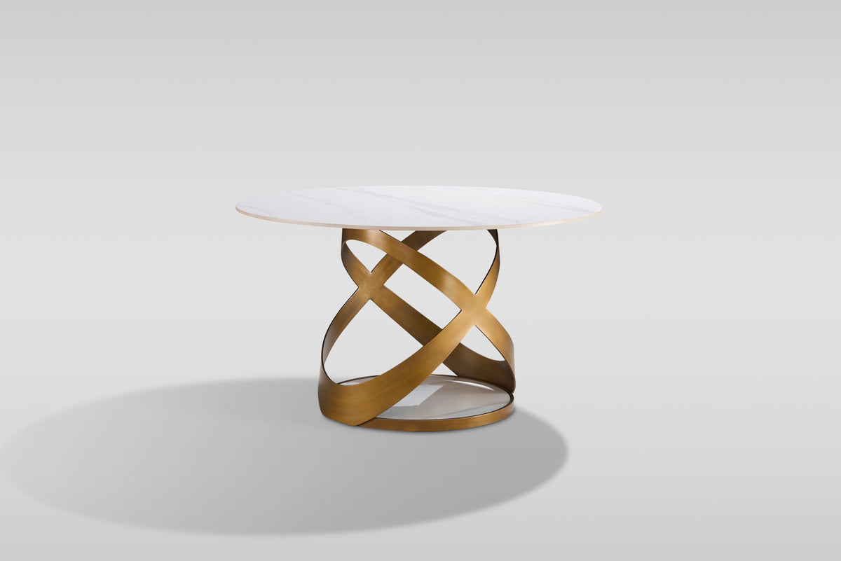 Dimi White Sintered Stone Dining Set — Bronze Base & Walnut Chairs