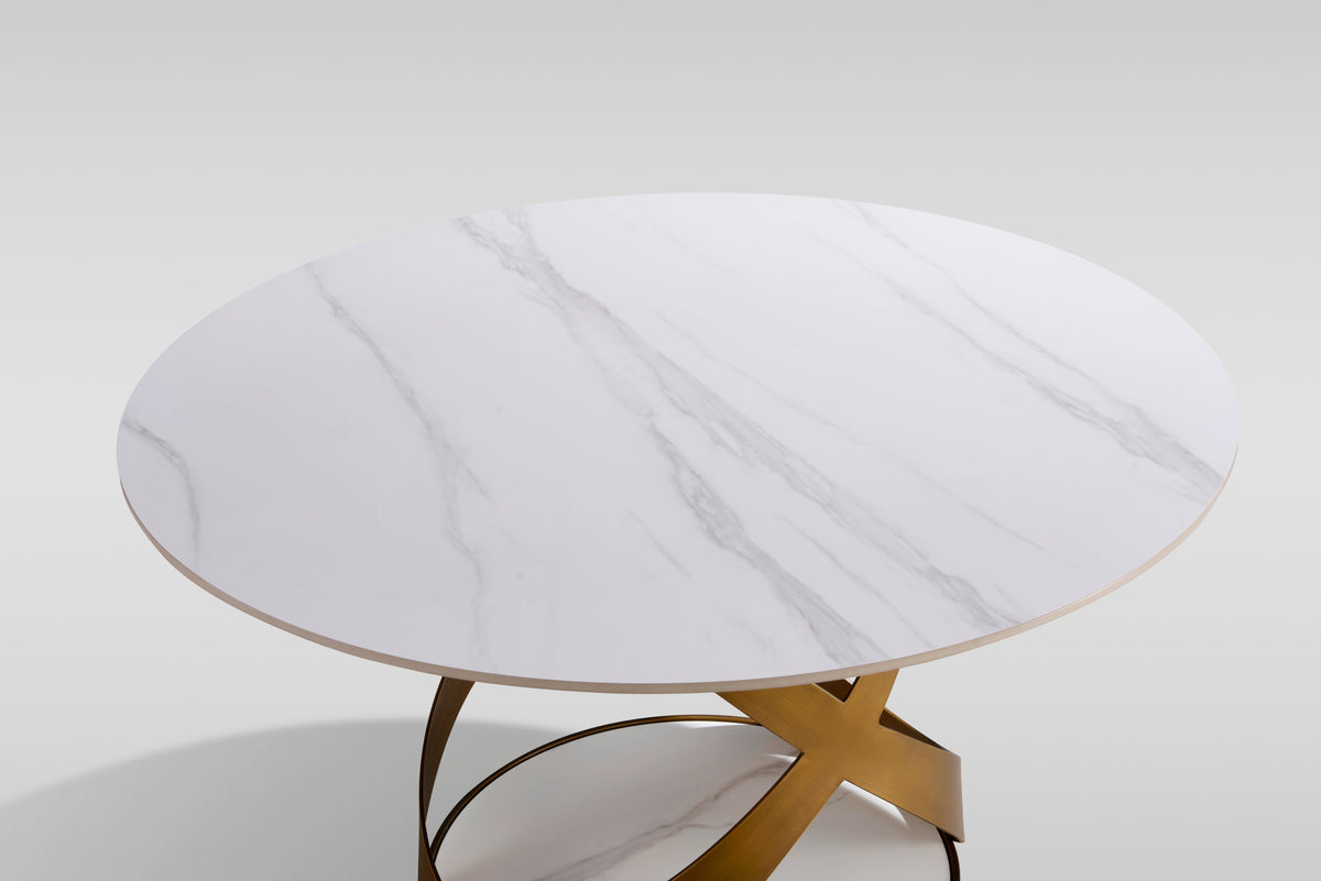 Dimi White Sintered Stone Dining Set — Bronze Base & Walnut Chairs