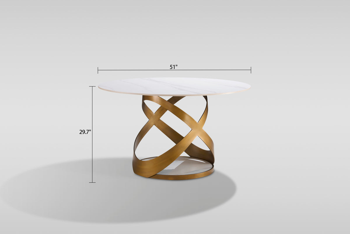 Dimi White Sintered Stone Dining Set — Bronze Base & Walnut Chairs