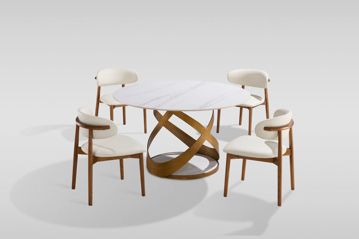 Dimi White Sintered Stone Dining Set — Bronze Base & Walnut Chairs