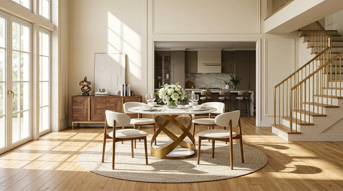 Dimi White Sintered Stone Dining Set — Bronze Base & Walnut Chairs