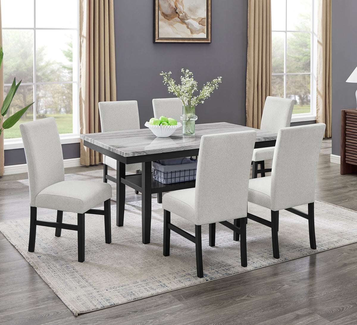 Marbelle Faux Marble Dining Set — Table, Chairs & Bench