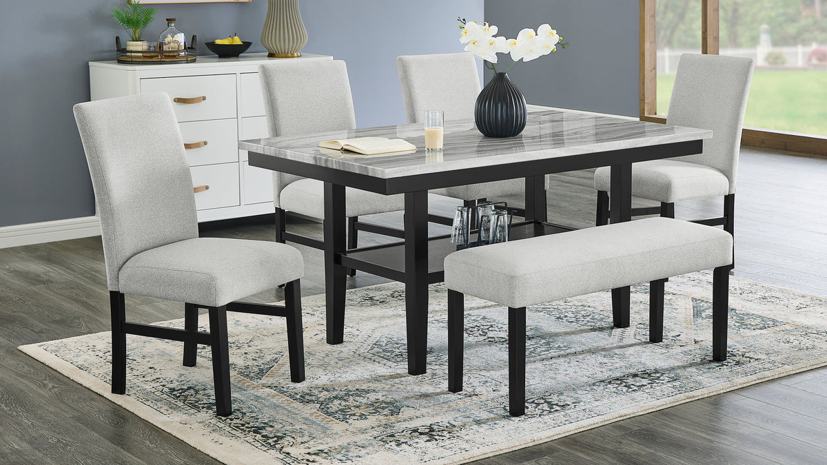 Marbelle Faux Marble Dining Set — Table, Chairs & Bench