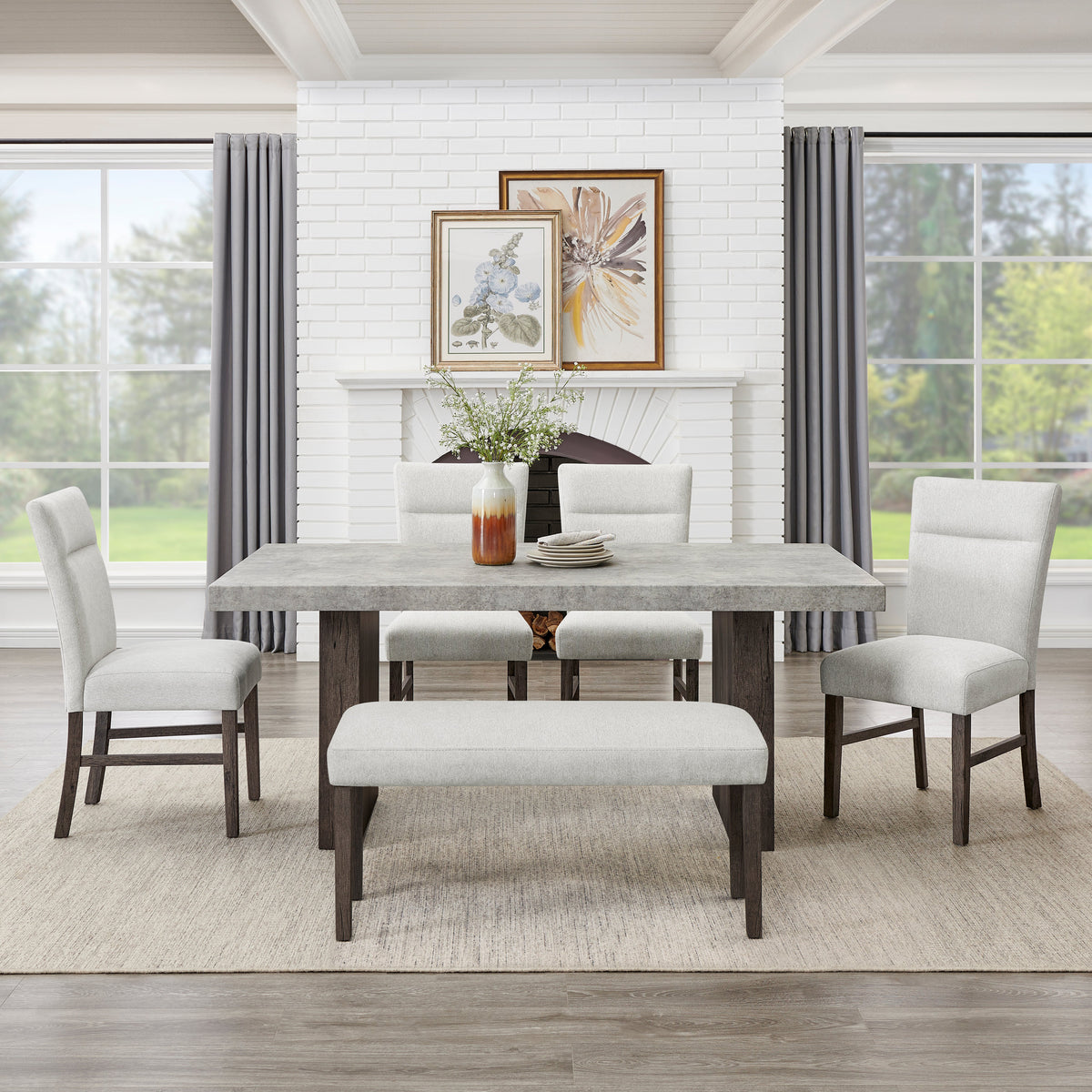 Basti Faux Concrete Dining Set in 6-Piece (Table, 4 Chairs & Bench)