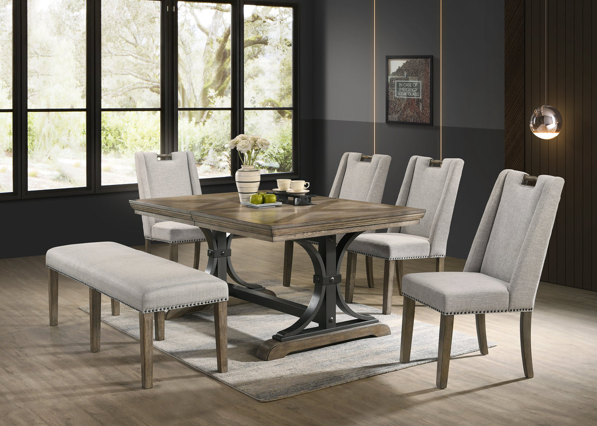 Gaby Brown Wood 7-Piece Dining Set — Table, Chairs & Bench