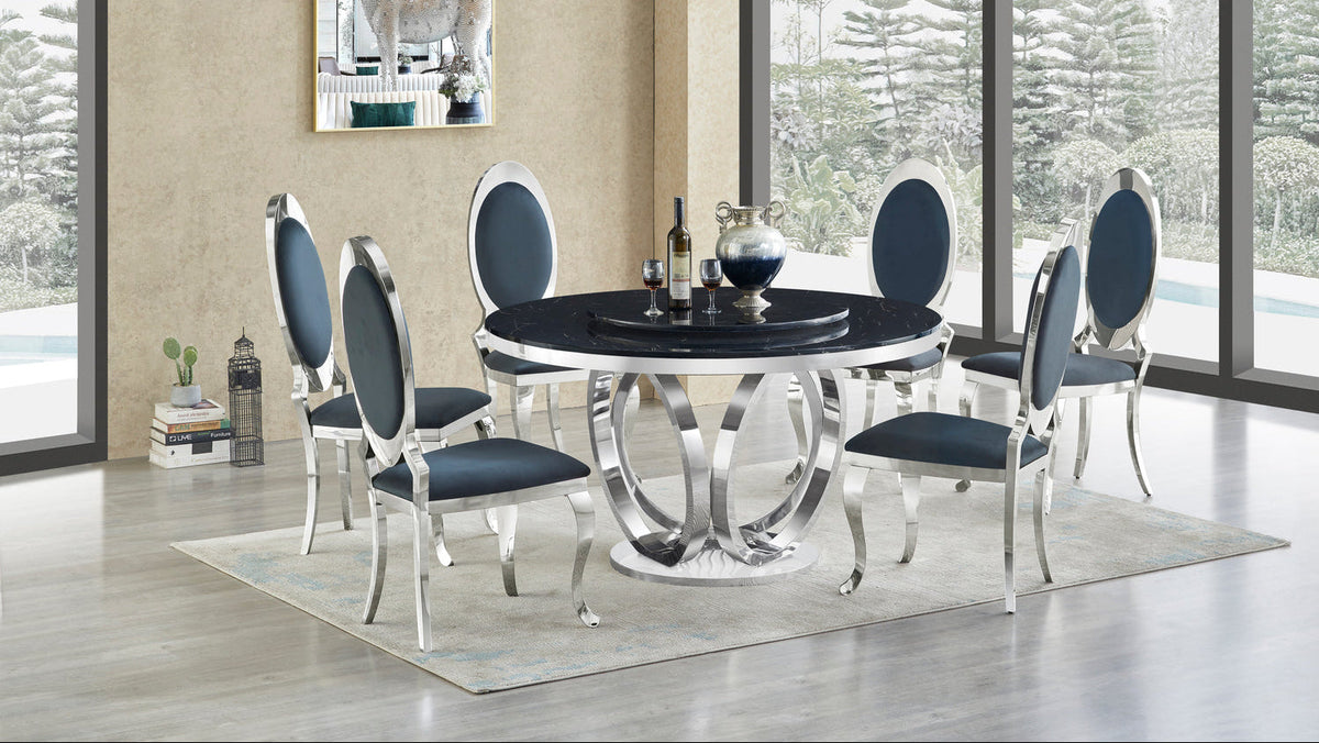 Maxi Black & Chrome Marble-Look Round Dining Set