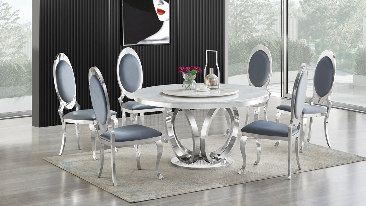 Maxi Cream & Chrome Round Dining Table — Marble-Look Top