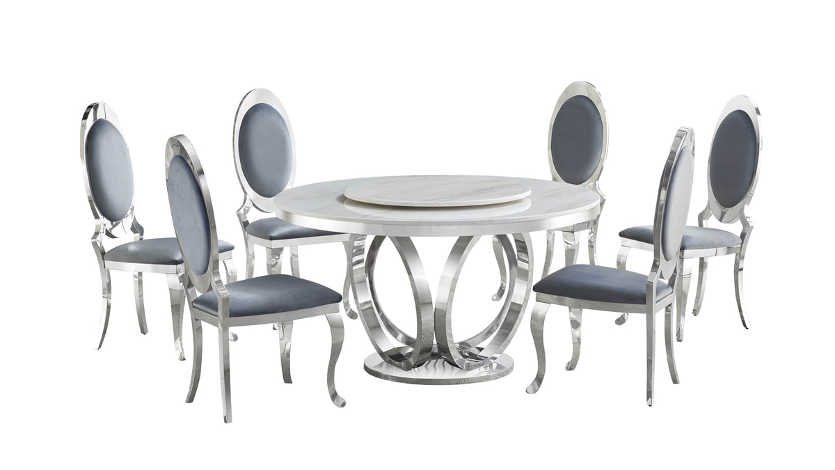 Maxi Cream & Chrome Round Dining Table — Marble-Look Top