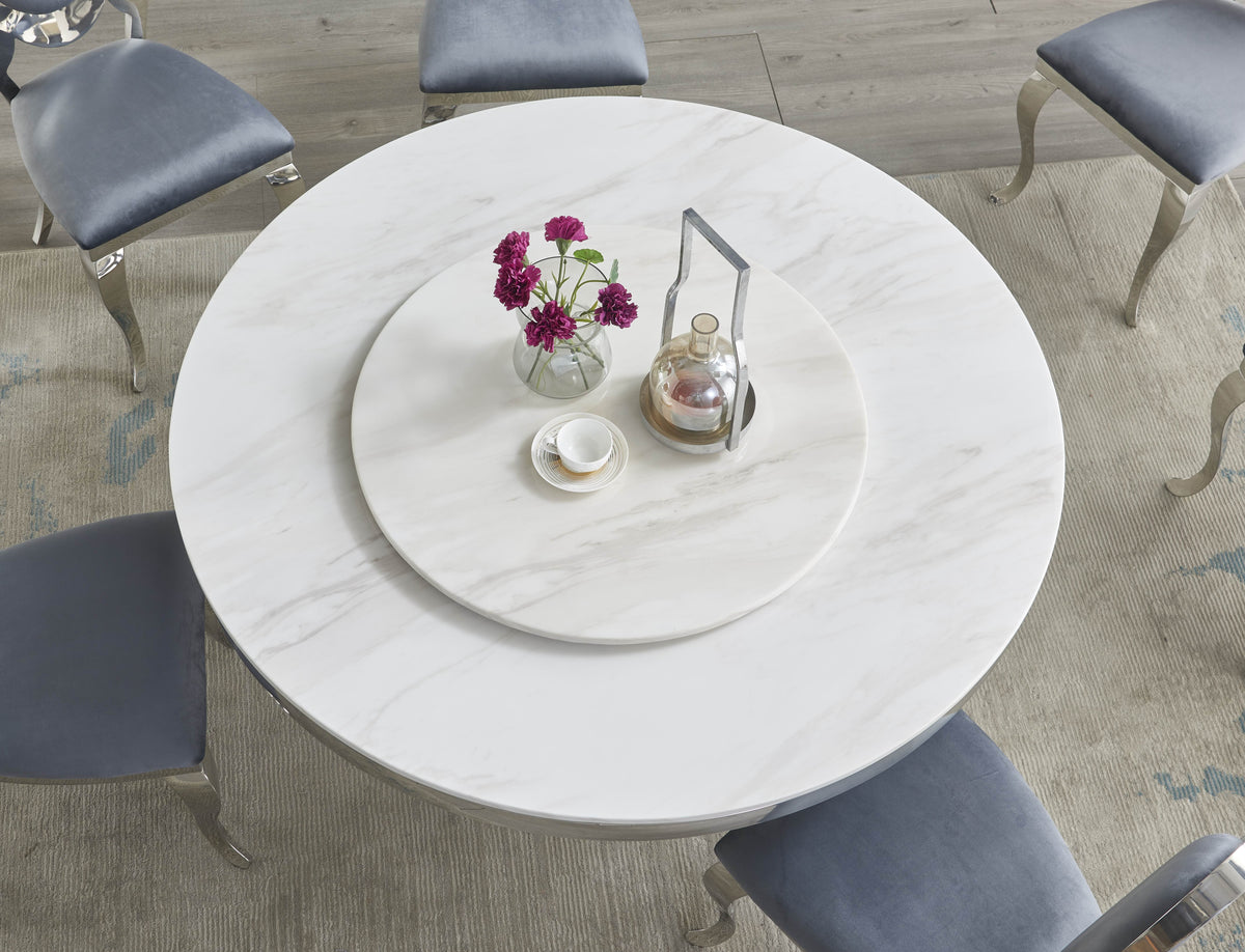 Maxi Cream & Chrome Round Dining Table — Marble-Look Top