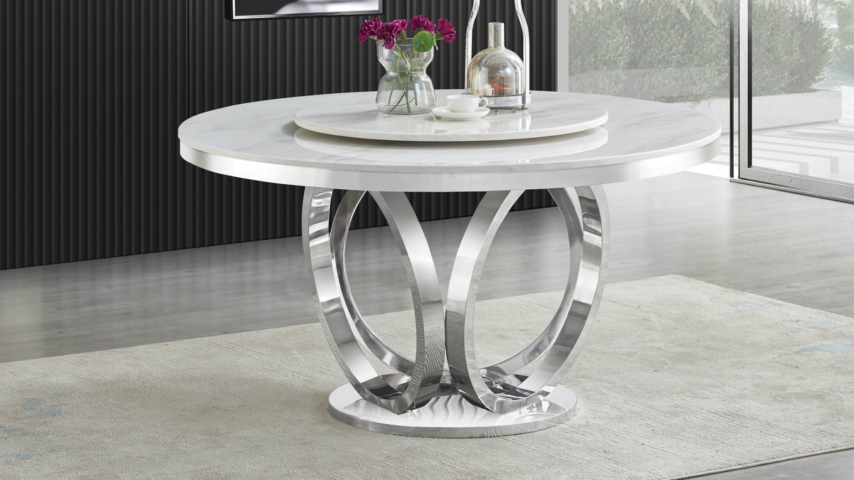 Maxi Cream & Chrome Round Dining Table — Marble-Look Top