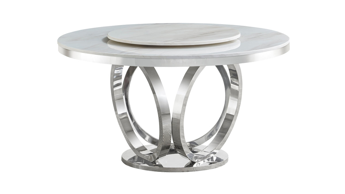 Maxi Cream & Chrome Round Dining Table — Marble-Look Top