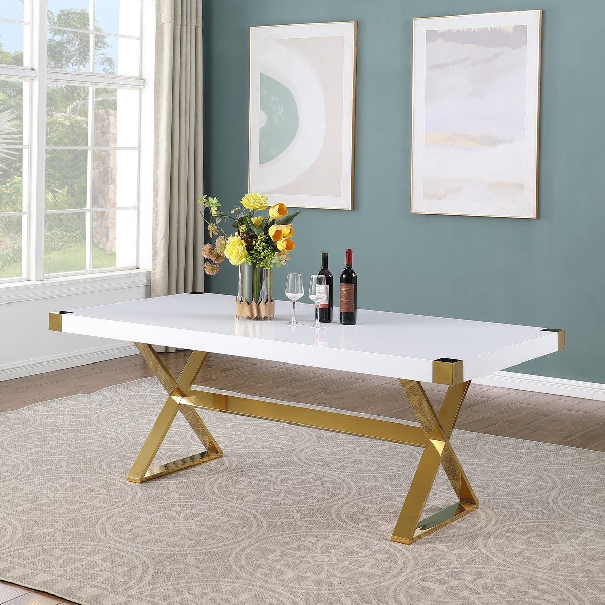 Adel White Lacquer 79-Inch Dining Table — Gold Steel Legs