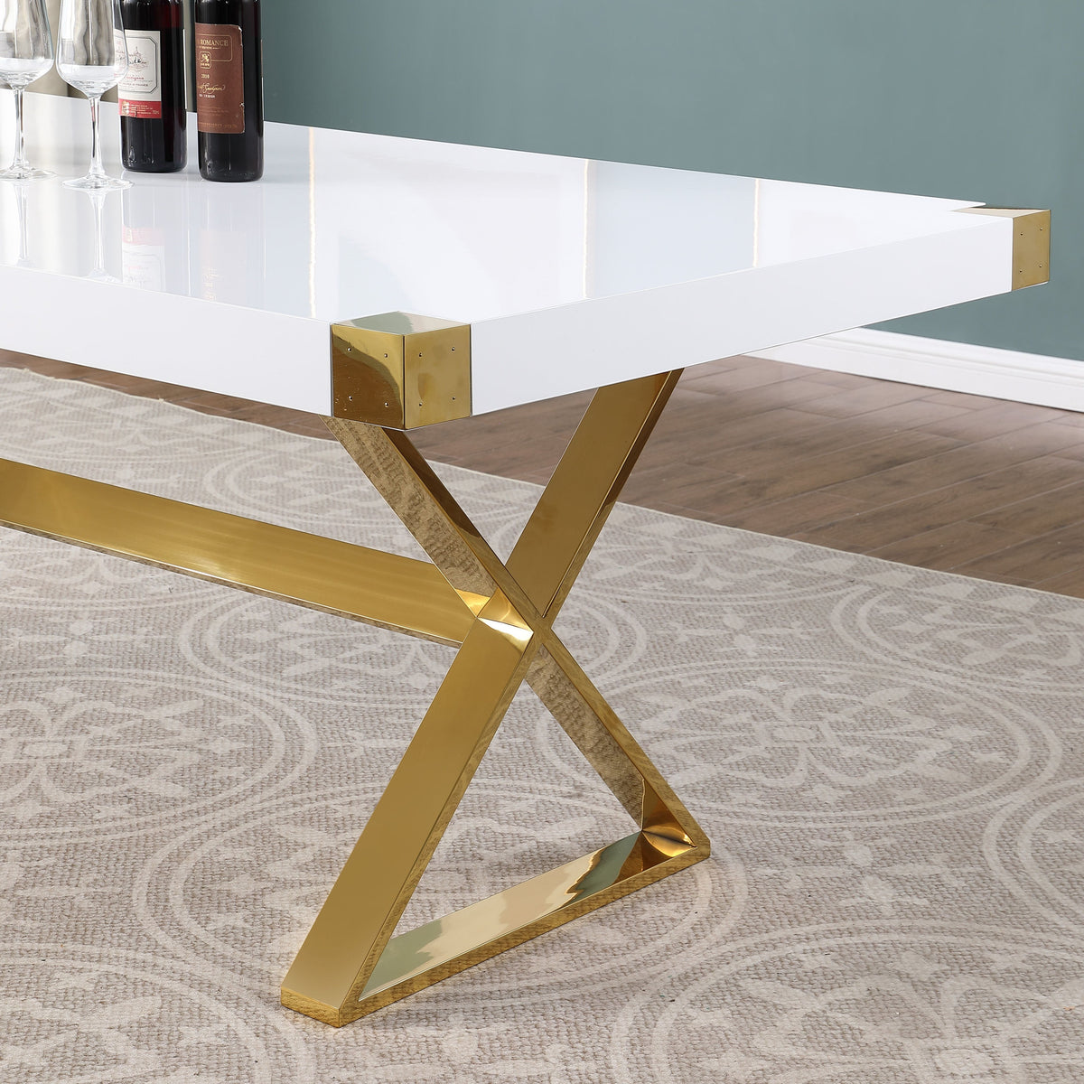 Adel White Lacquer 79-Inch Dining Table — Gold Steel Legs