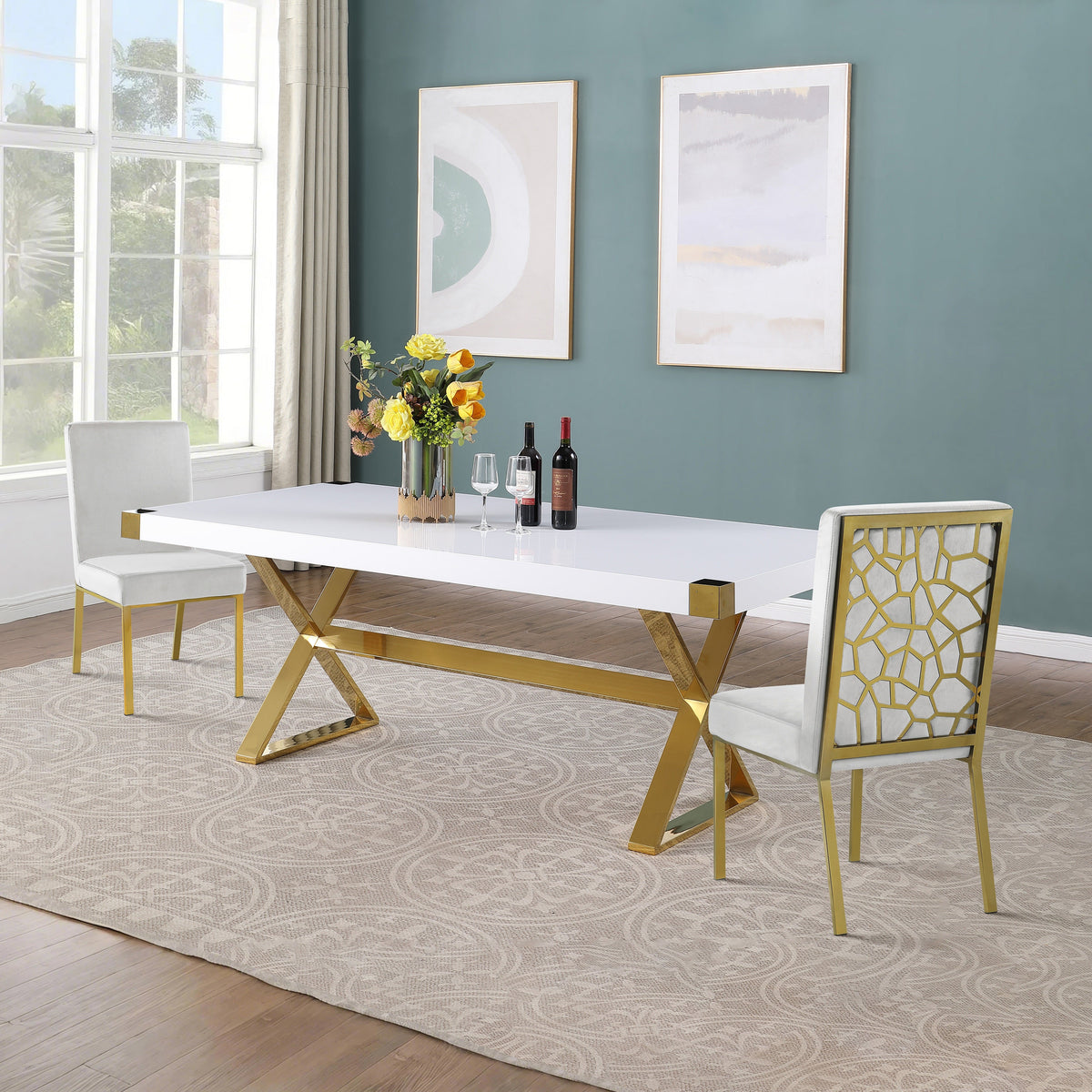Adel White Lacquer 79-Inch Dining Table — Gold Steel Legs