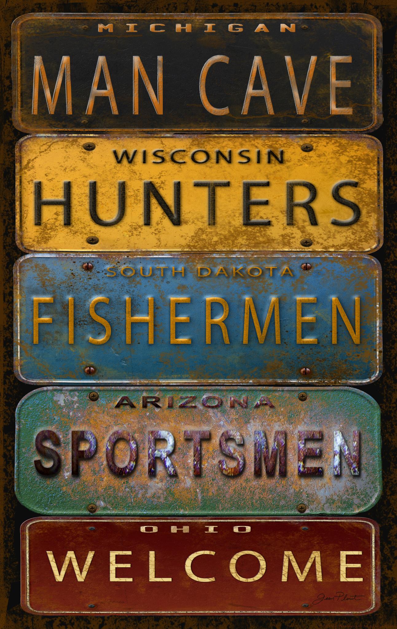 ***Monl*** License Plate Man Cave By Jean Plout(Framed Small) Giclee Canvas