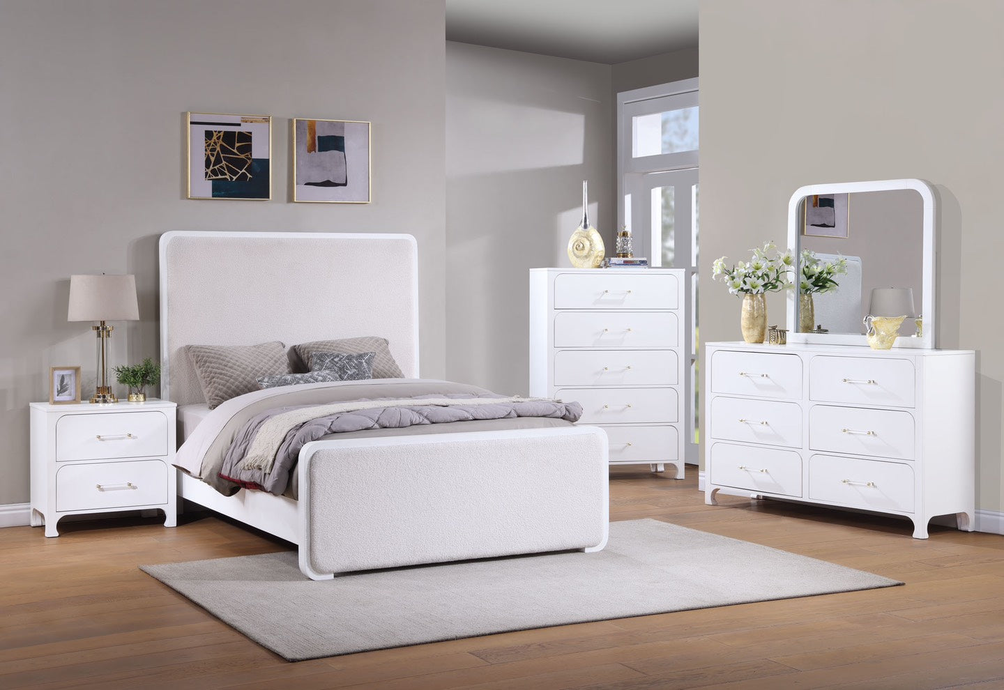 Anastasia Boucle Upholstered Bedroom Set Pearl White and Beige