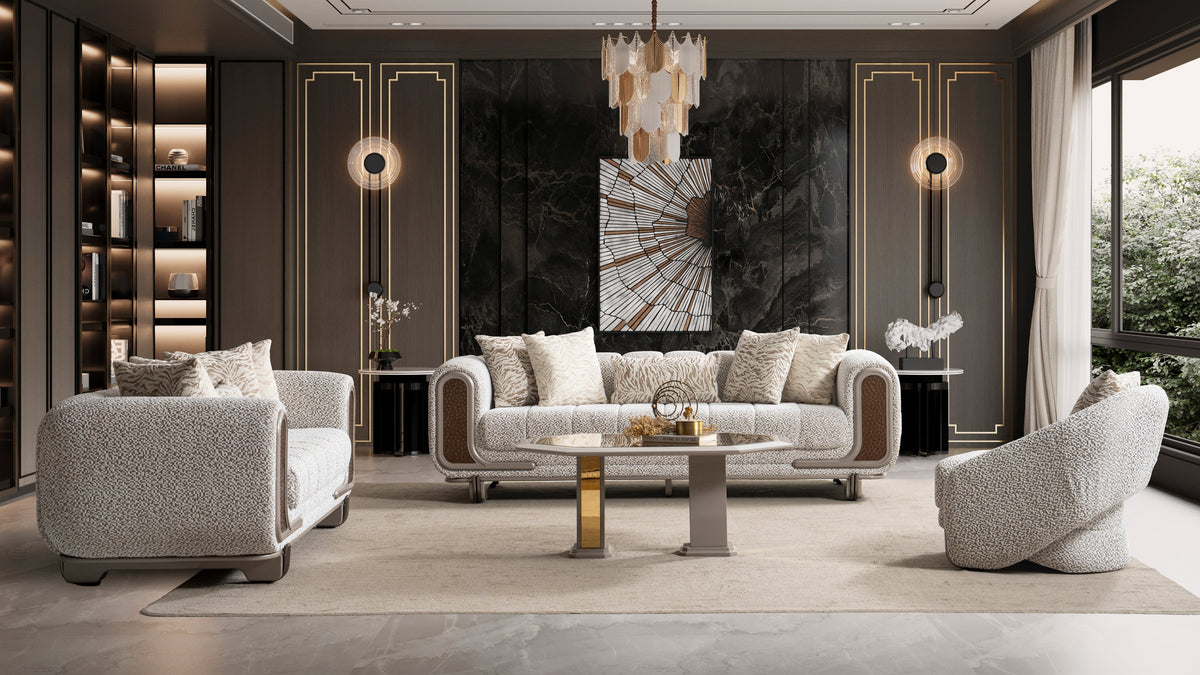 Lora 3-Piece Living Room Set — Curved Arms & Wood Accents