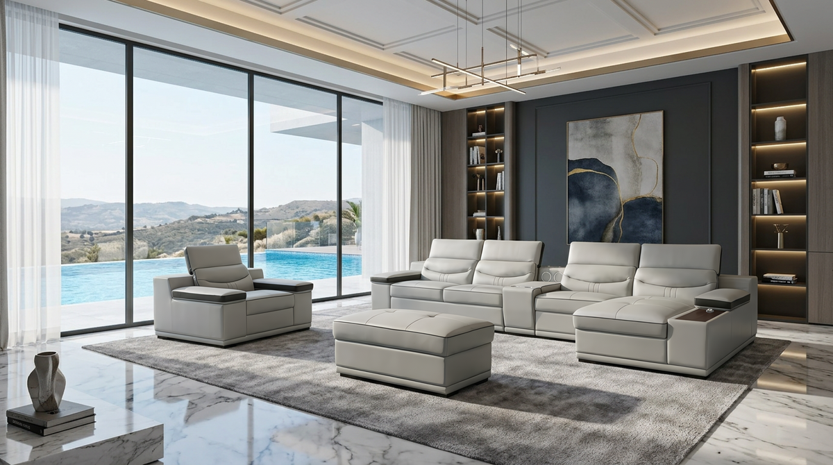 Arlet Grey Italian Leather Sectional — Built-In Audio & Charging