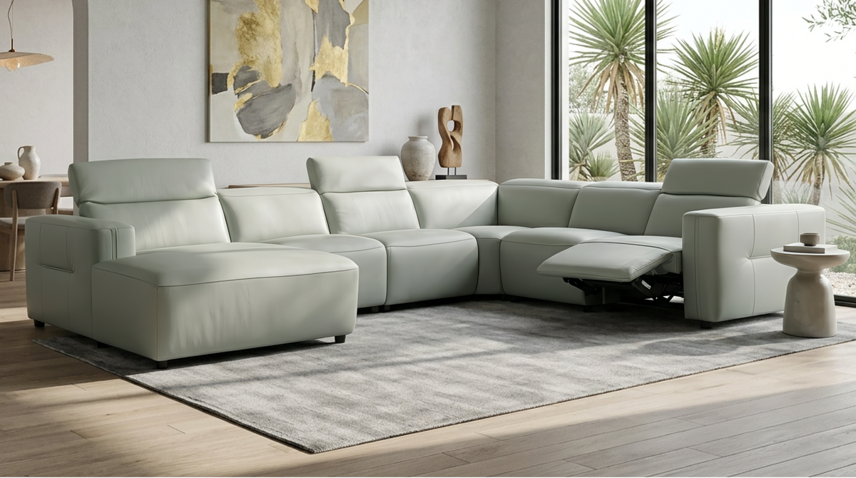 Noel Grey Italian Leather Sectional — Power Recline and Chaise