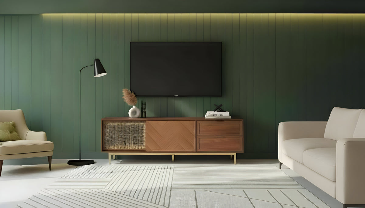 Milana Walnut & Gold TV Console — Sliding Doors