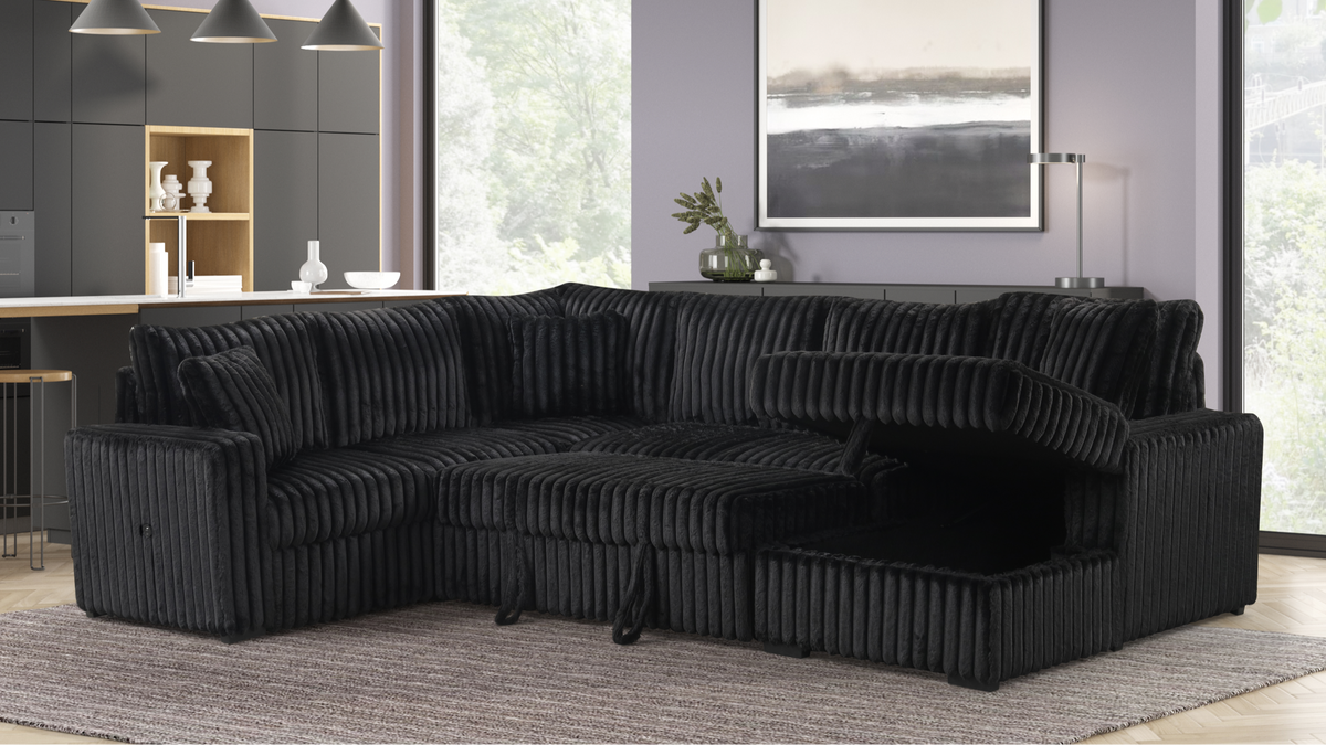 Raha II Sectional — Pullout Bed & Storage, 2 Colors