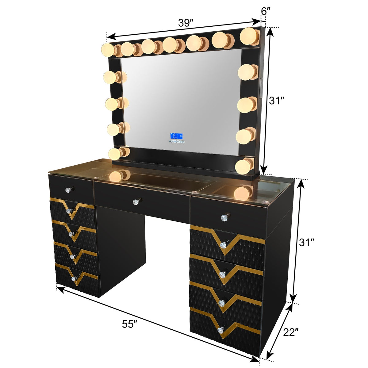 Rockstar Gloss Black Smart Vanity — Digital Display & Bluetooth
