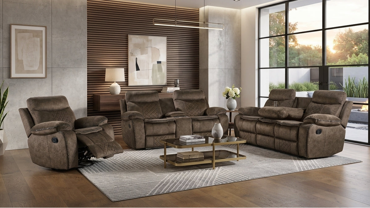 Liz Reclining Sofa & Loveseat Set in Brown