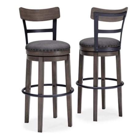 Caitbrook Grey Wood Swivel Barstool — Nailhead Trim