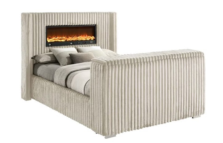 Henley Cream Corduroy Bedroom Set — TV Lift and LED Fireplace