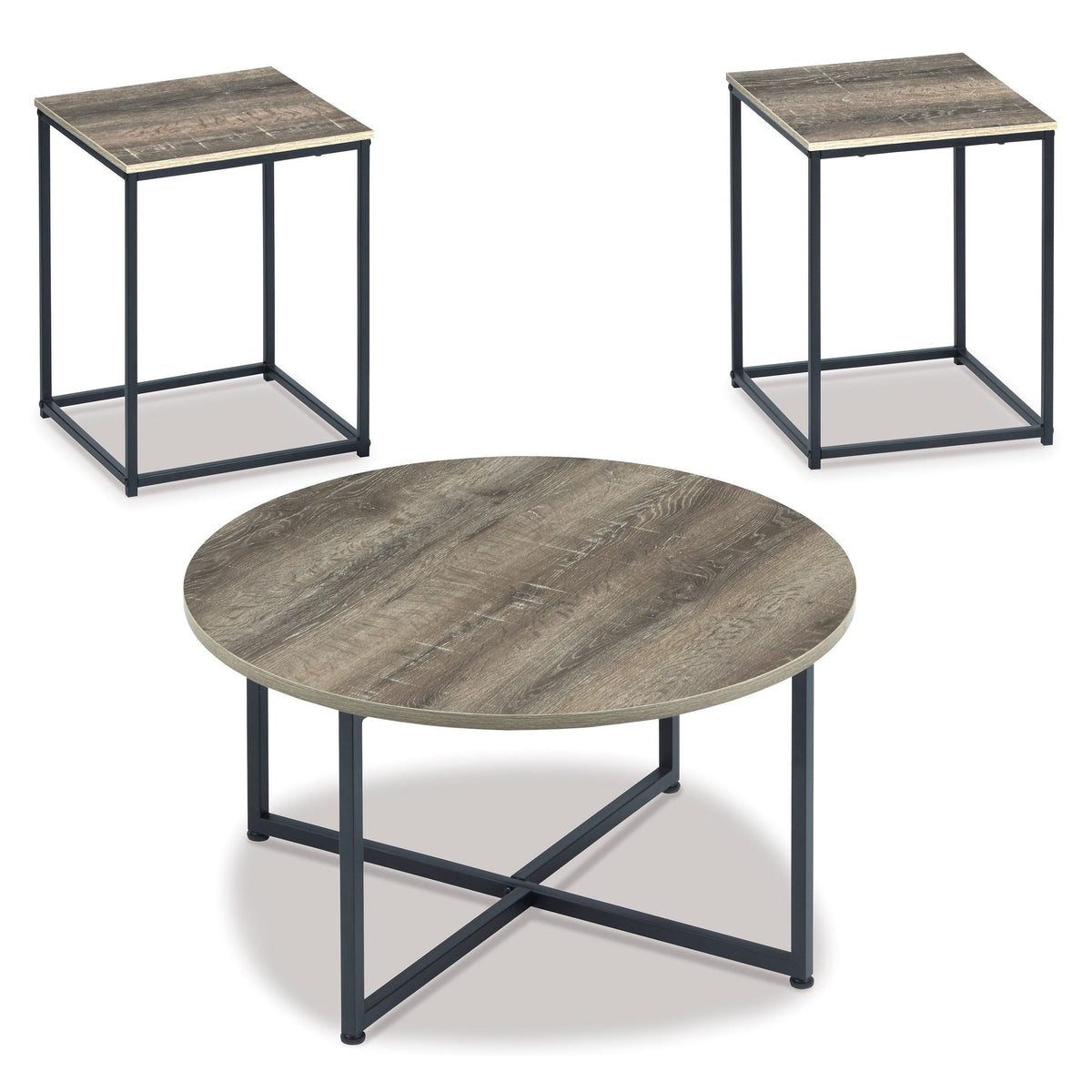 Wadeworth Two-Tone Coffee Table Set — Woodgrain & Matte Black Legs