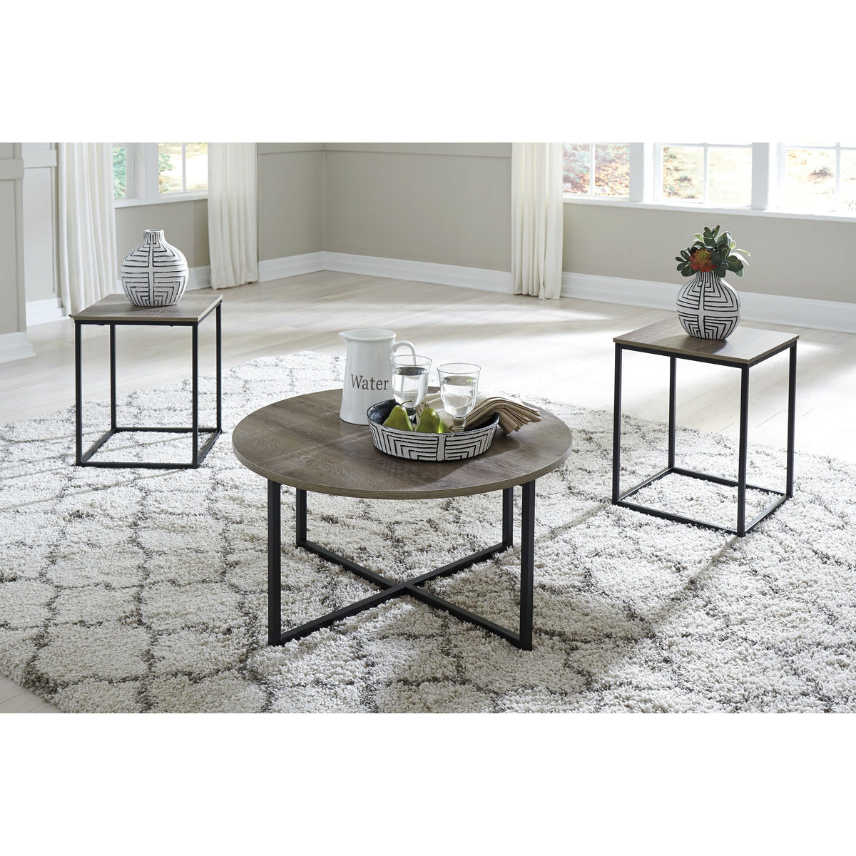 Wadeworth Two-Tone Coffee Table Set — Woodgrain & Matte Black Legs
