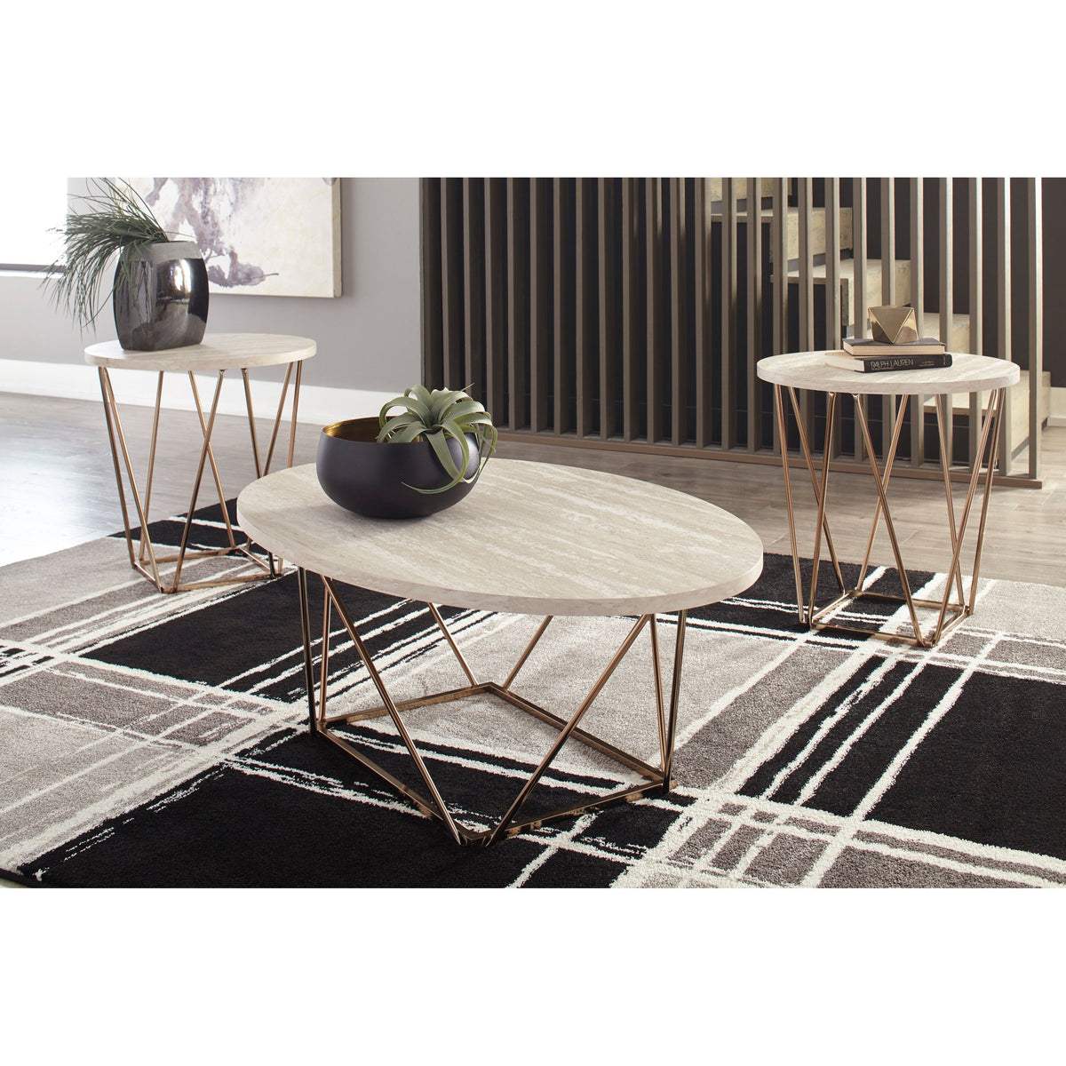 Tarica Faux Marble Coffee Table Set — Goldtone Metal Base