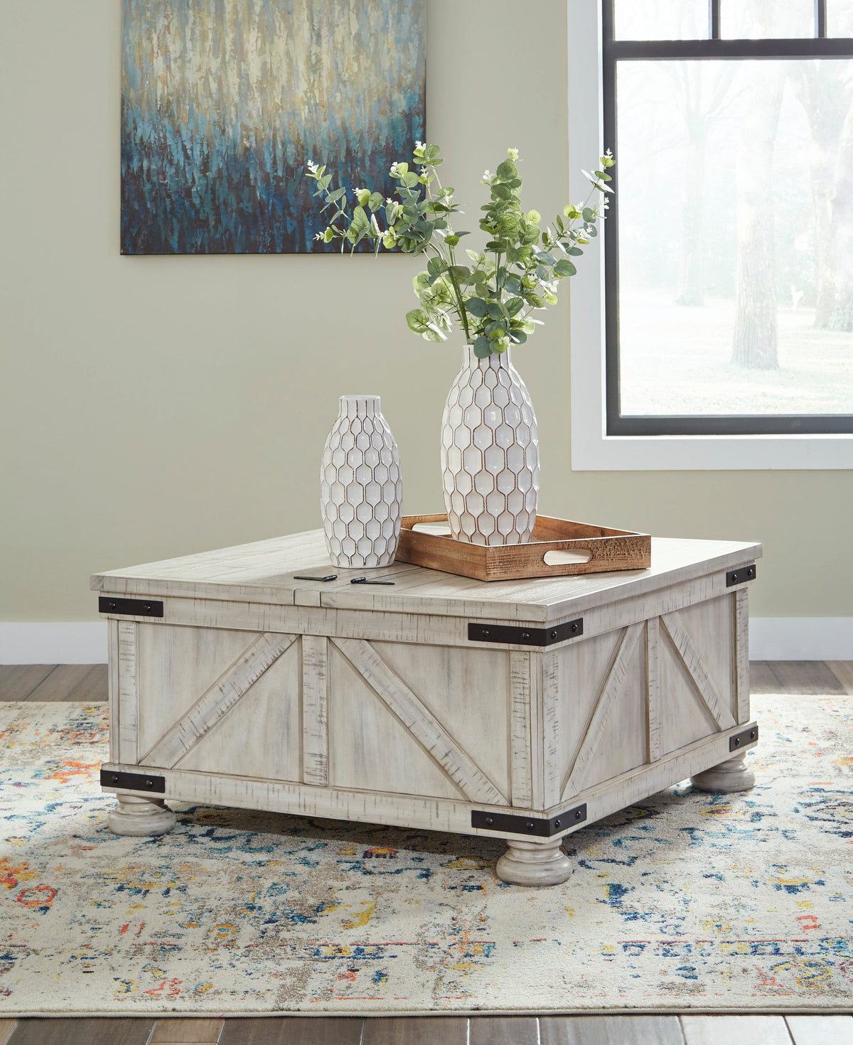 Carynhurst Whitewash Farmhouse Coffee Table Set — Hidden Storage