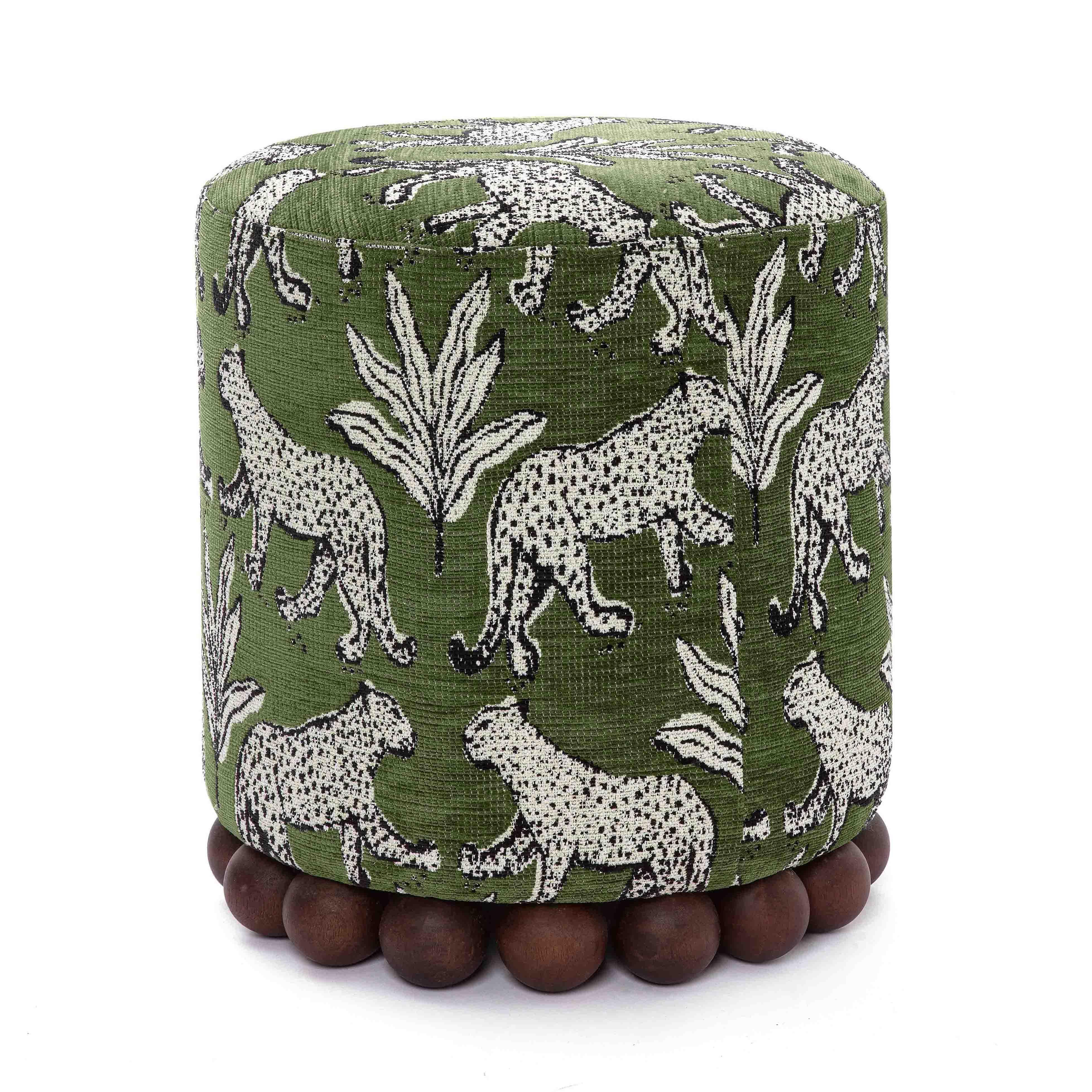 Dex Olive Green Leopard Jacquard Ottoman
