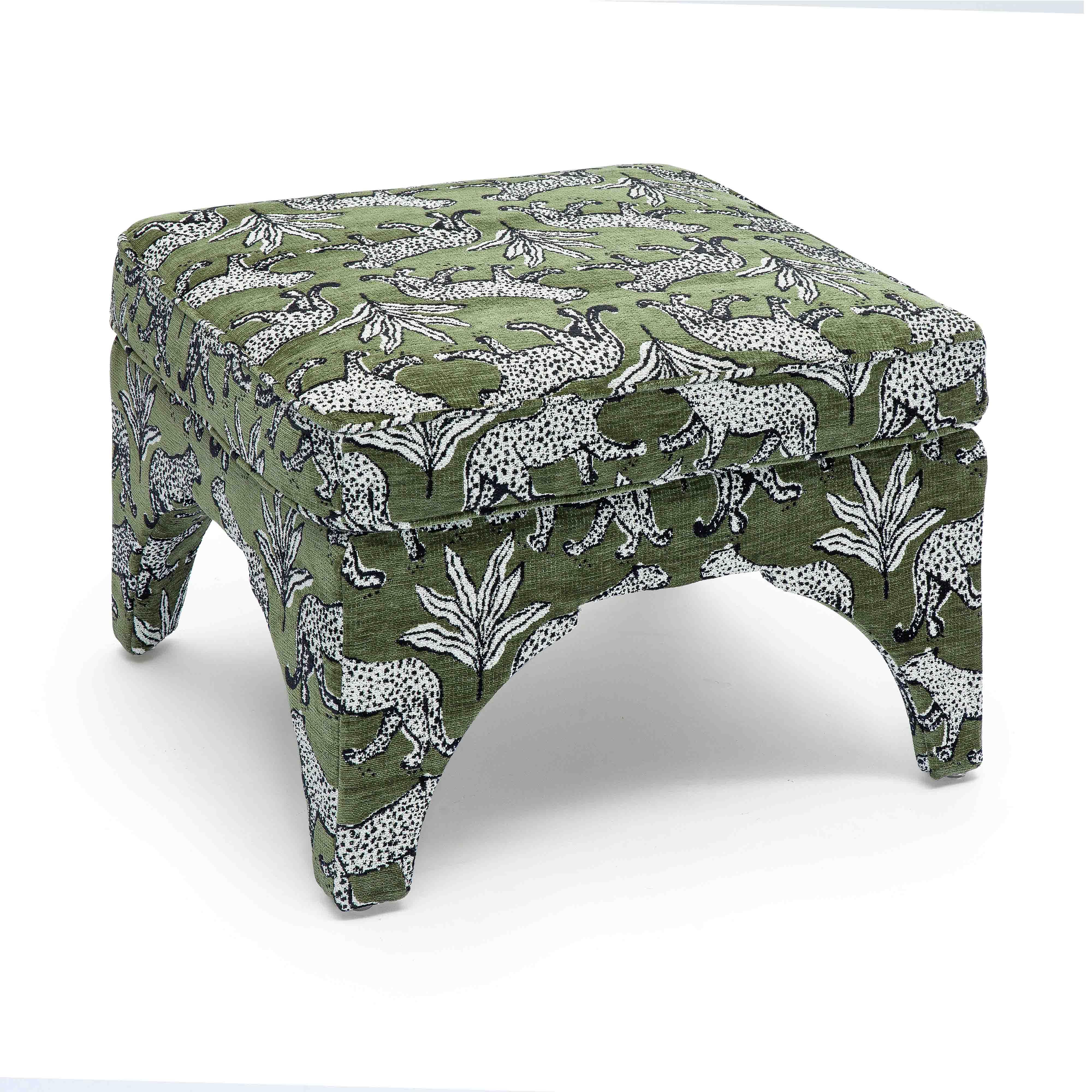 Raji Olive Green Leopard Jacquard Ottoman
