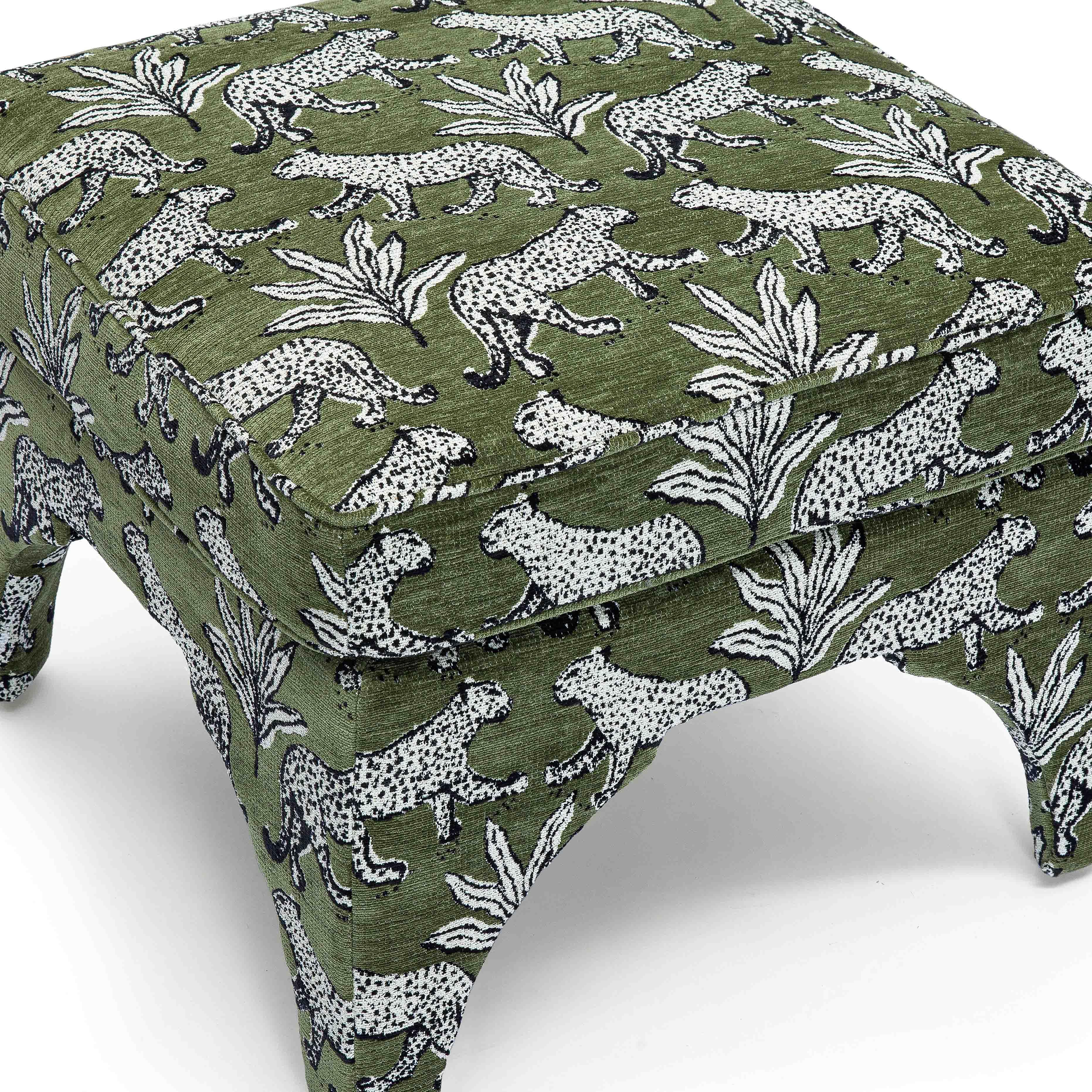 Raji Olive Green Leopard Jacquard Ottoman