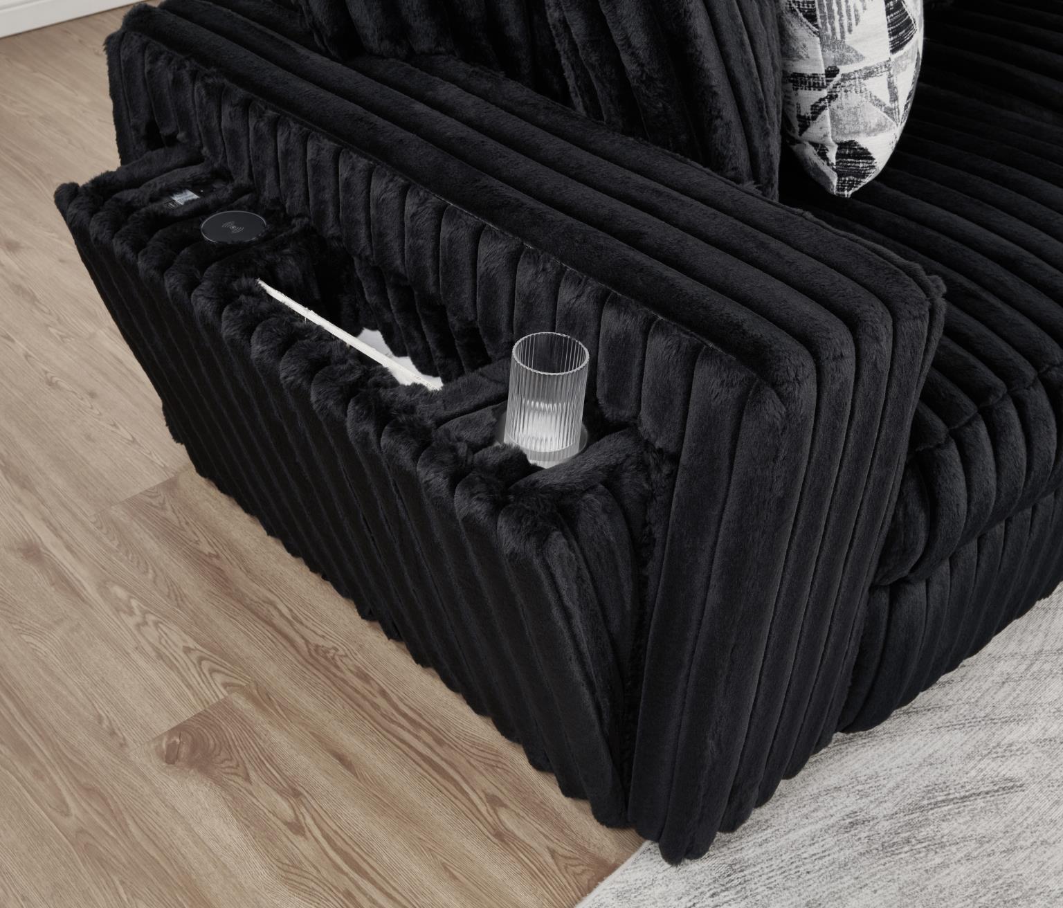 BLACK CORDUROY POWER RECLINING 4 PC SECTIONAL W/2 WIRELESS CHARGER