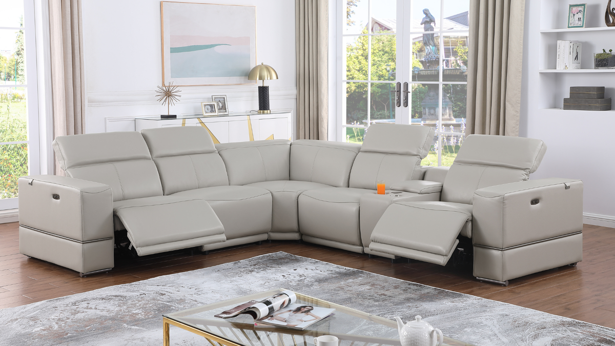 Franco Light Grey Leather 6-Piece Sectional — Power Recline