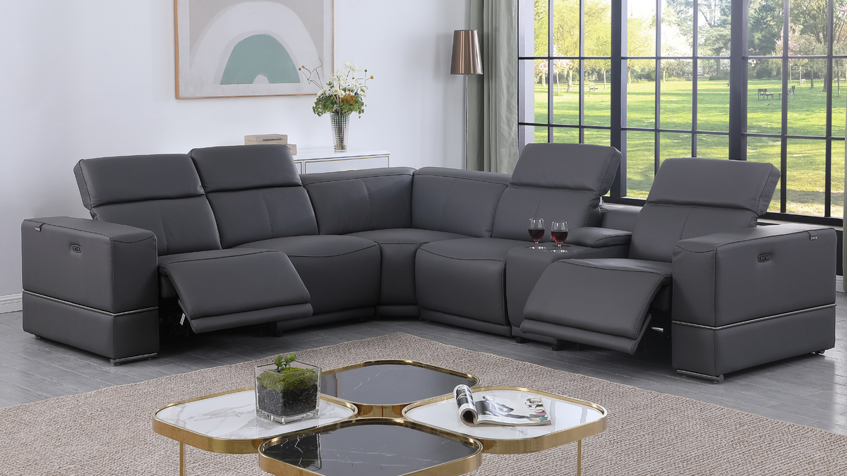 Franco Dark Grey Leather 6-Piece Reclining Sectional — Power Recline