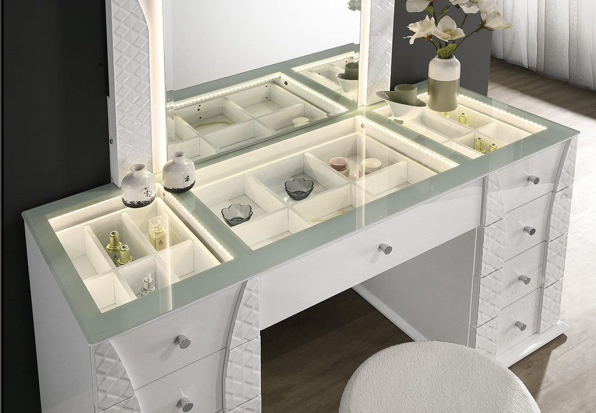 Ivette Hi-Gloss White Vanity — LED Mirror & Glass-Top Display