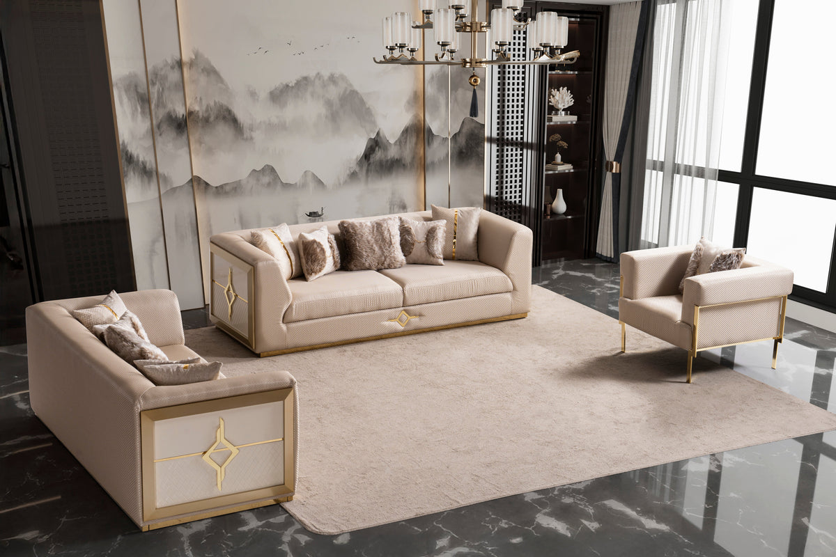 Vega 3-Piece Living Room Set — Brushed Gold Accents