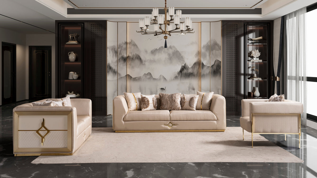 Vega 3-Piece Living Room Set — Brushed Gold Accents