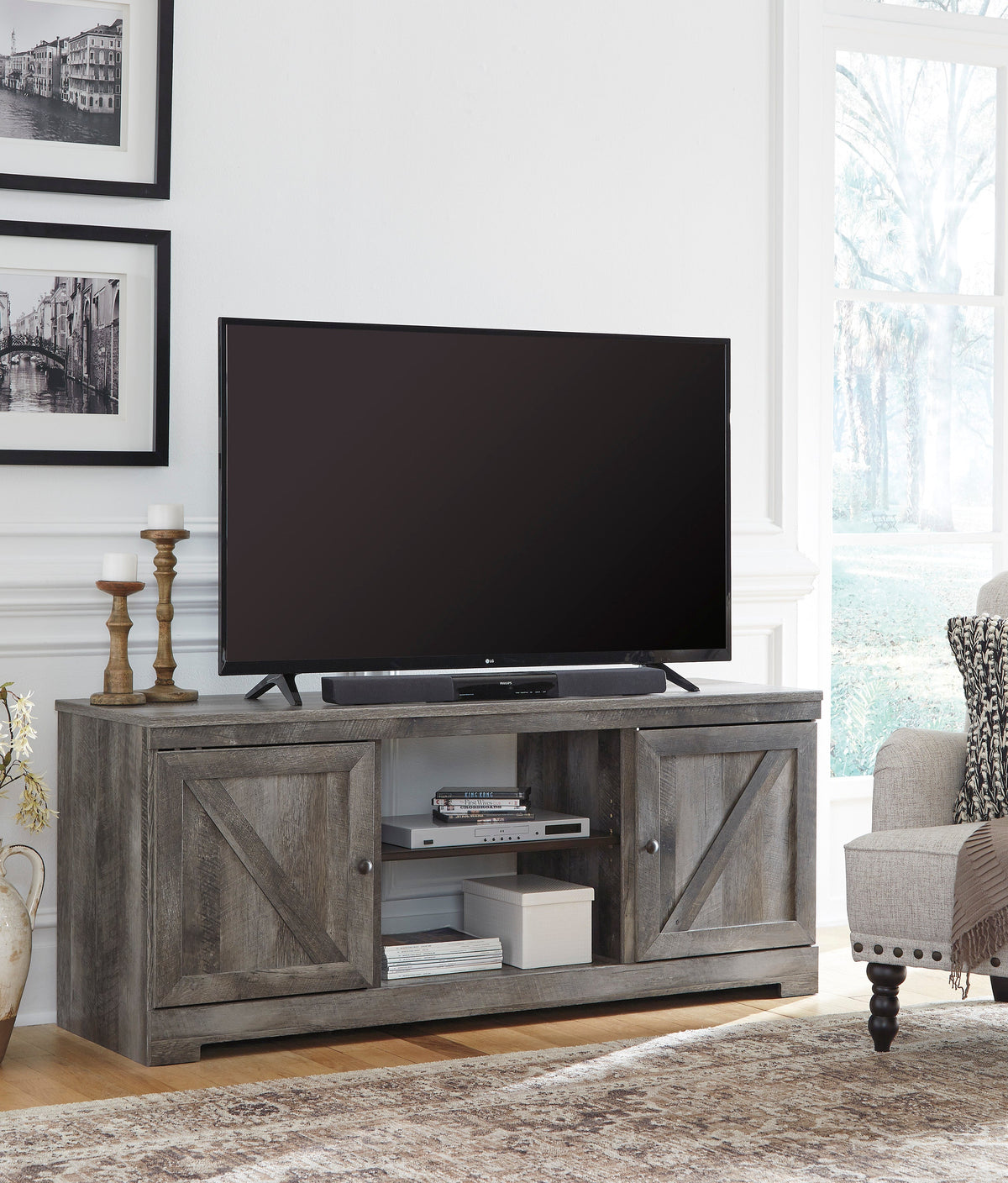 Wynnlow Grey Rustic TV Stand — Barn-Door Styling