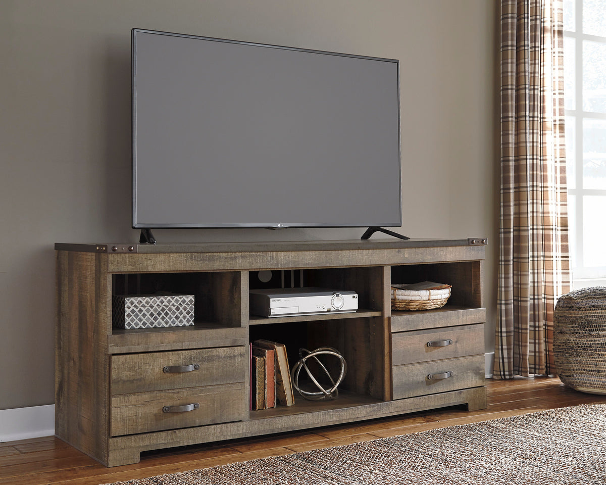 Trinell Brown Plank-Style TV Stand — Nailhead Trim