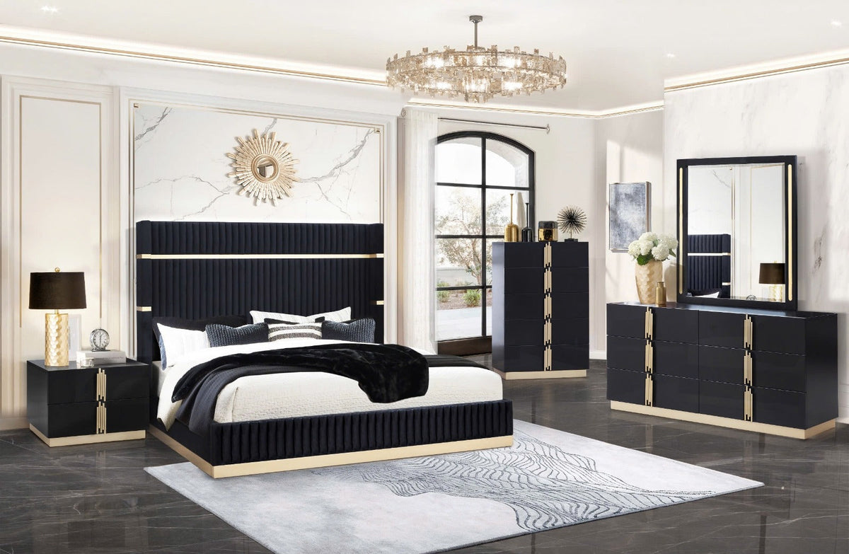 Evon Black Bedroom Set — Gold Accent Details