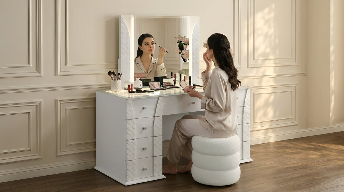 Ivette Hi-Gloss White Vanity — LED Mirror & Glass-Top Display