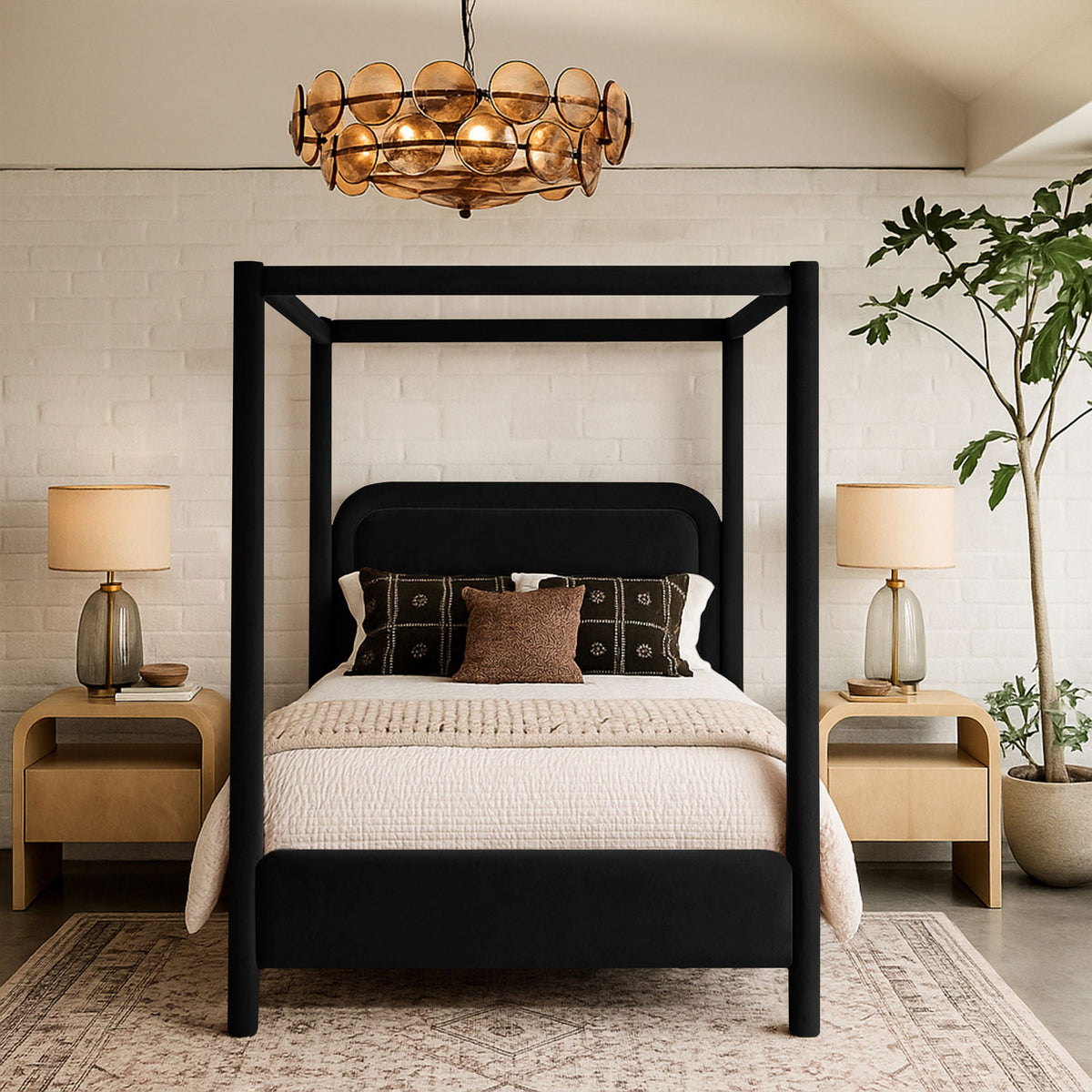 Salina Velvet Upholstered Canopy Bed — 10 Colors, Twin to King