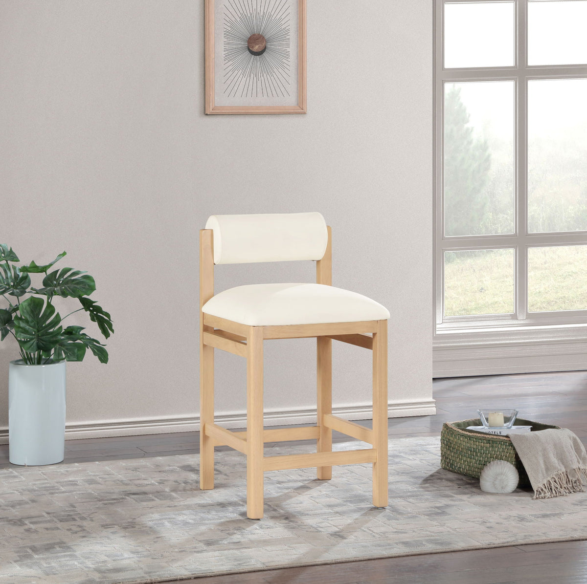Roundhill - Faux Leather Counter Stool with Natural Frame