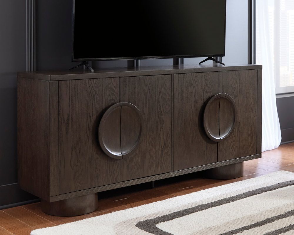 Ashley A4000703 Dark Brown Accent Cabinet — 4 Soft-Close Doors, 72"L